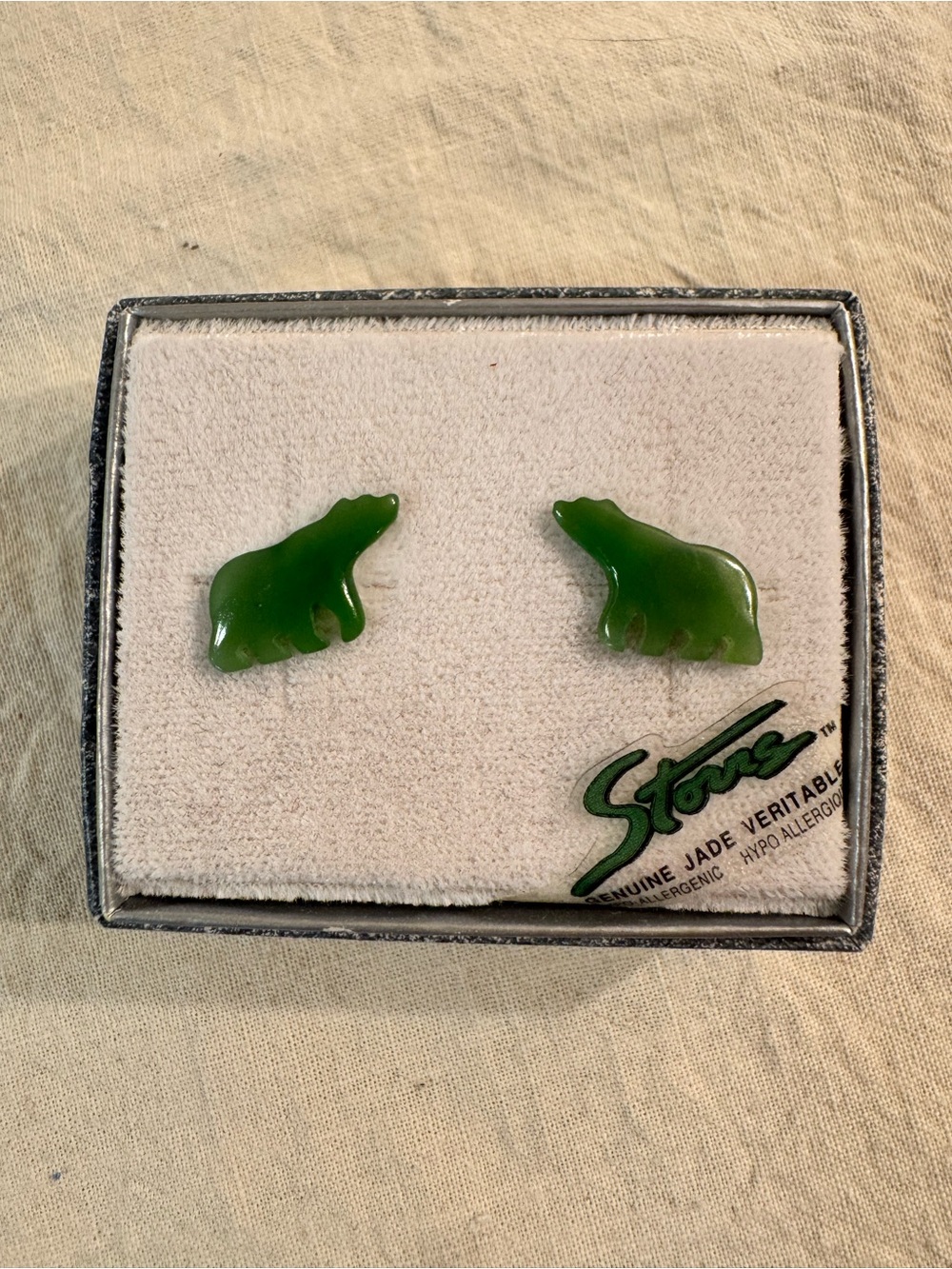 Vintage Storrs Genuine Jade Bear Earrings Carved Green Jade Original Box